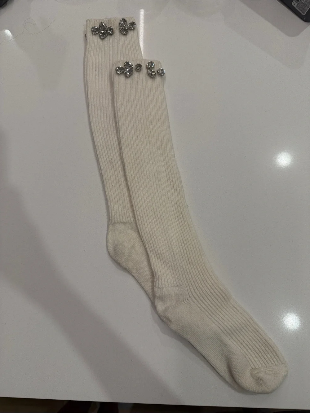 Maje New White, Ecru Long Knee High Socks With Rhinestone Embellished Size: OS